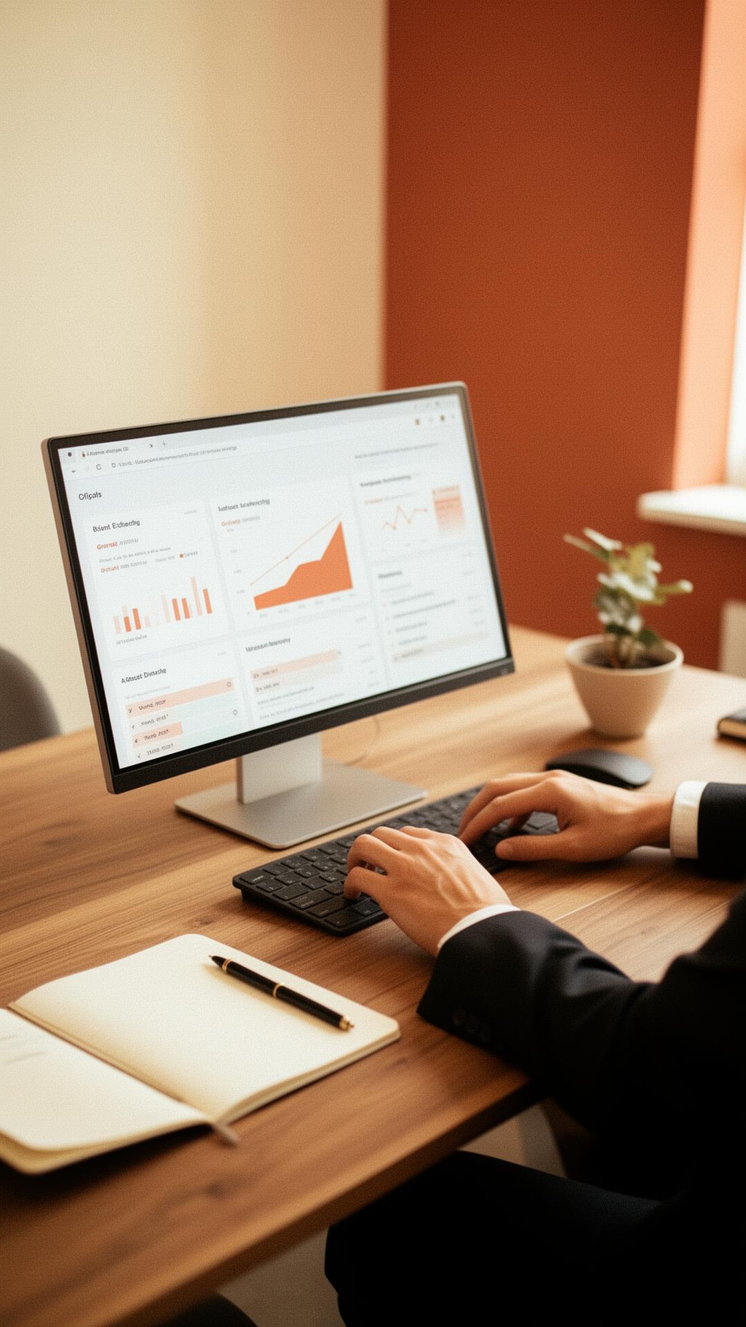 Founder reviewing growth dashboards in a calm executive workspace